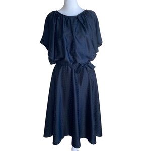 Vintage ‘70s Black Satin Wing Sleeve Midi Dress w Full Circle Skirt & Tie Size S